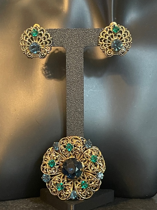 Antique Jewelry - Antique Czechoslovakia Brass Filigree Green & Blue Glass Rhinestone Set